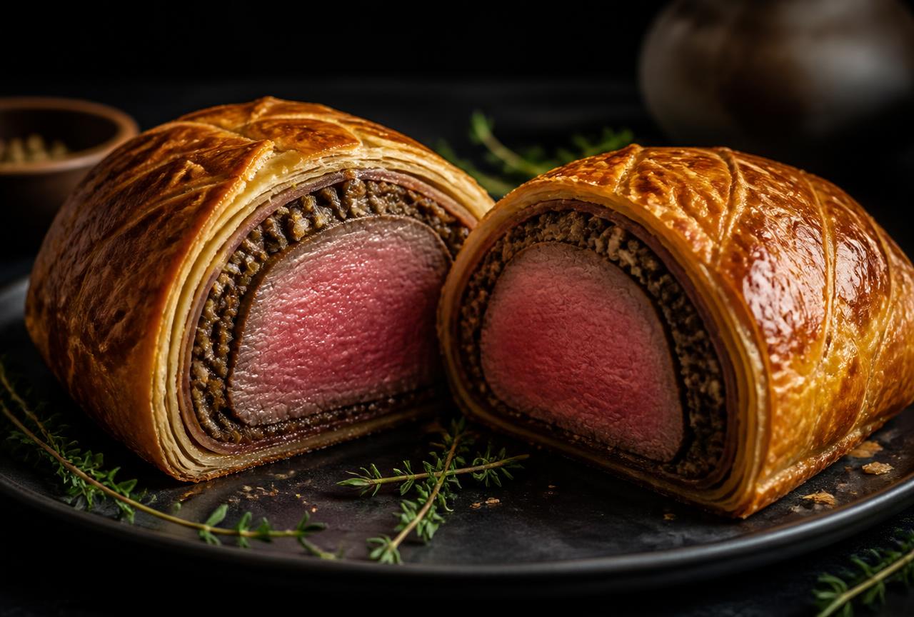 Beef Wellington sliced to show medium-rare beef and mushroom duxelles in golden puff pastry