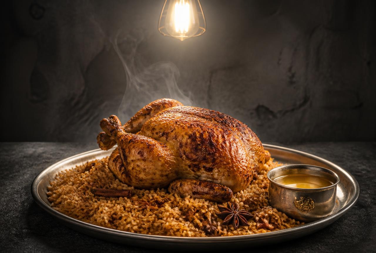 Roast chicken served over spiced rice on a metal platter with a cup of honey water