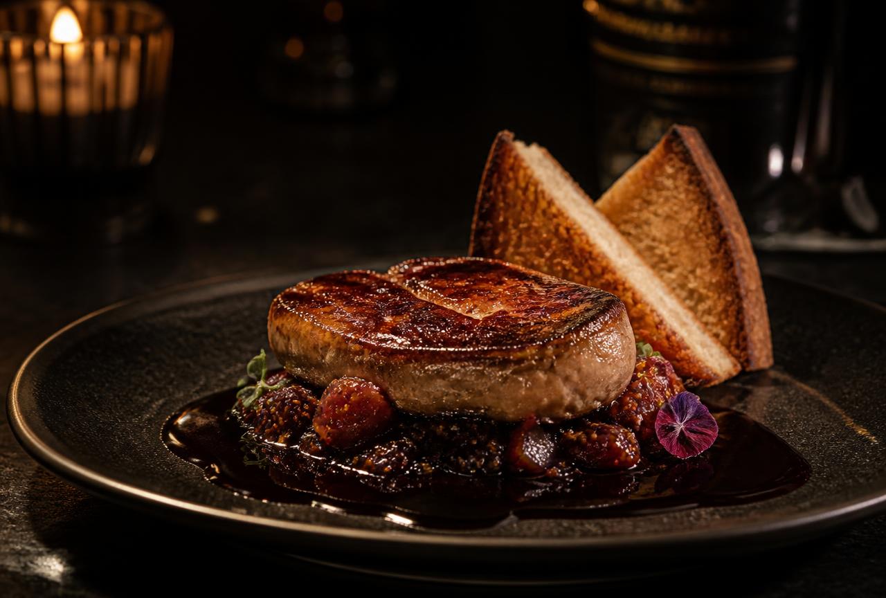 Seared foie gras on fig compote with brioche toast on a dark plate