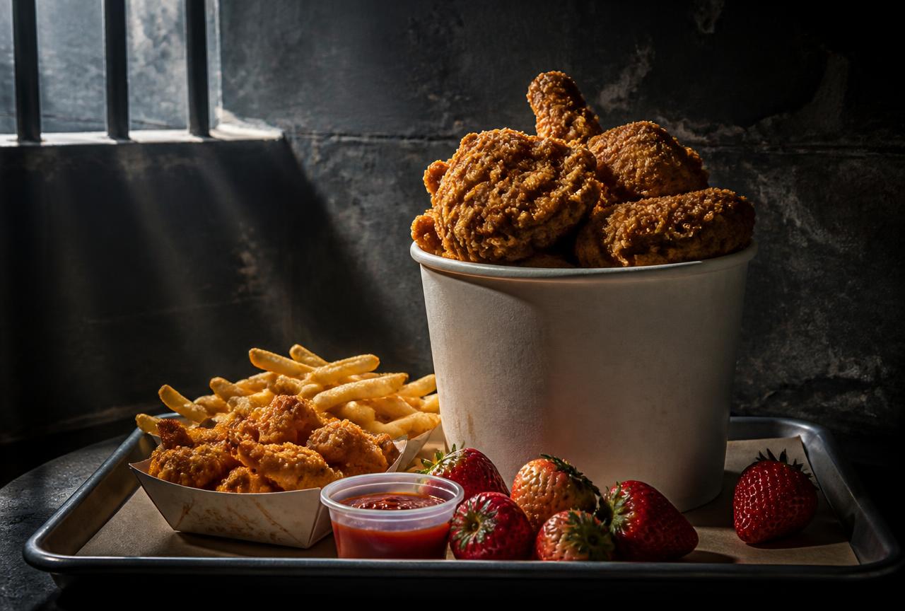 Fried chicken in a plain bucket with fried shrimp, fries and strawberries on a metal tray