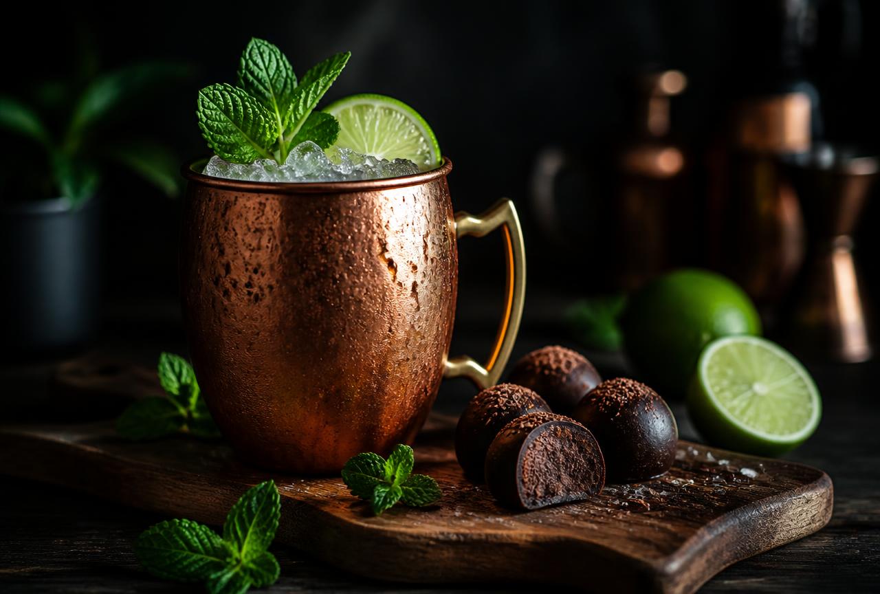 Moscow mule in a copper mug with lime and mint beside dark chocolate truffles