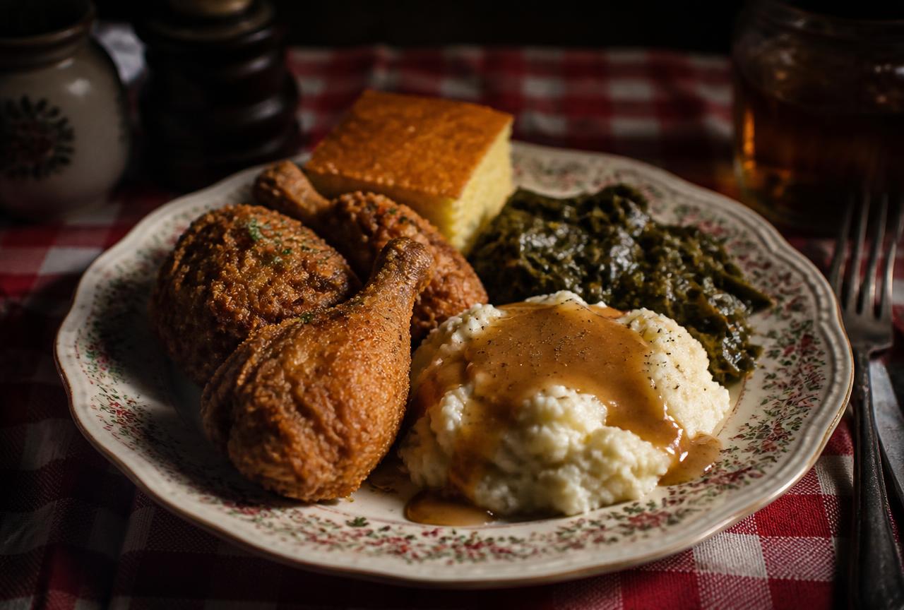 Southern fried chicken with mashed potato, gravy, collard greens and cornbread on a vintage plate