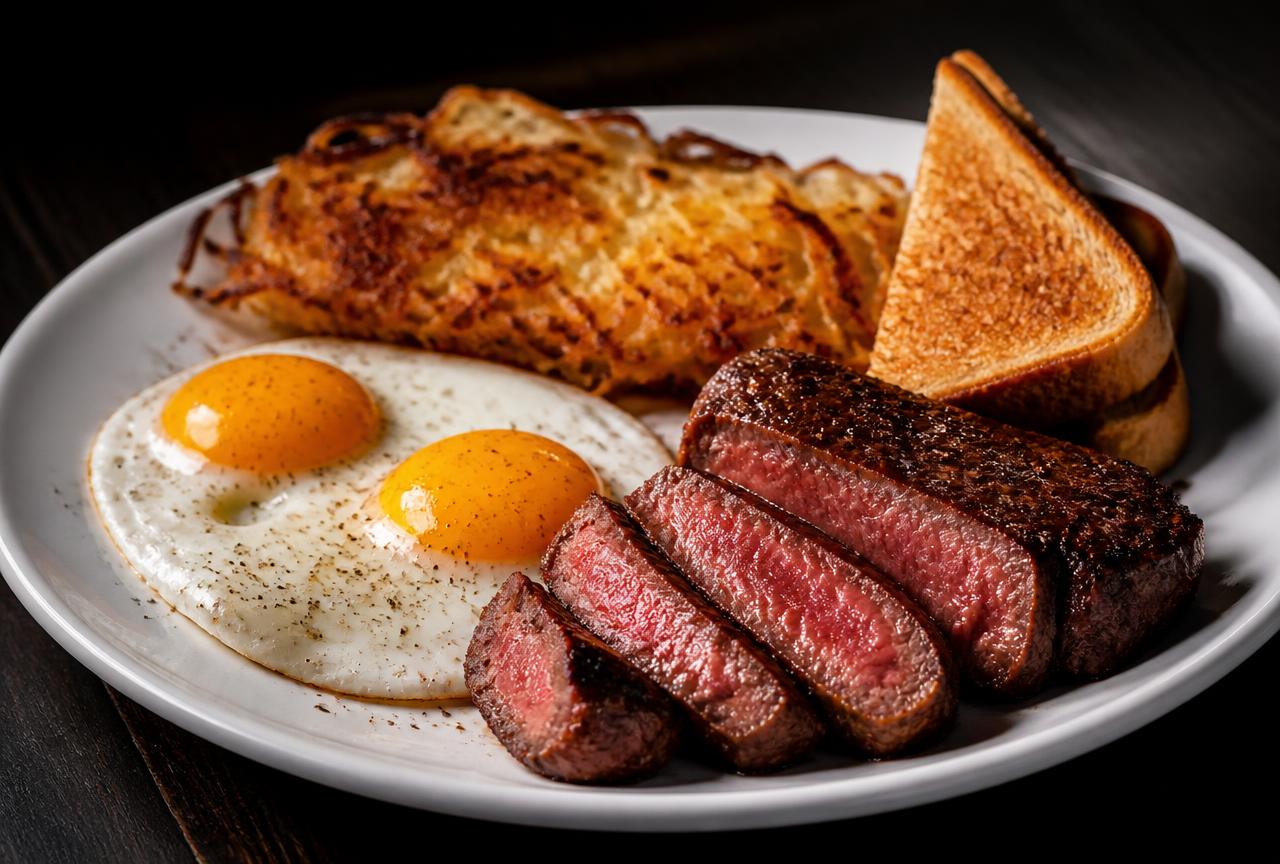 Sliced medium-rare steak with fried eggs, hash browns and toast on a white plate