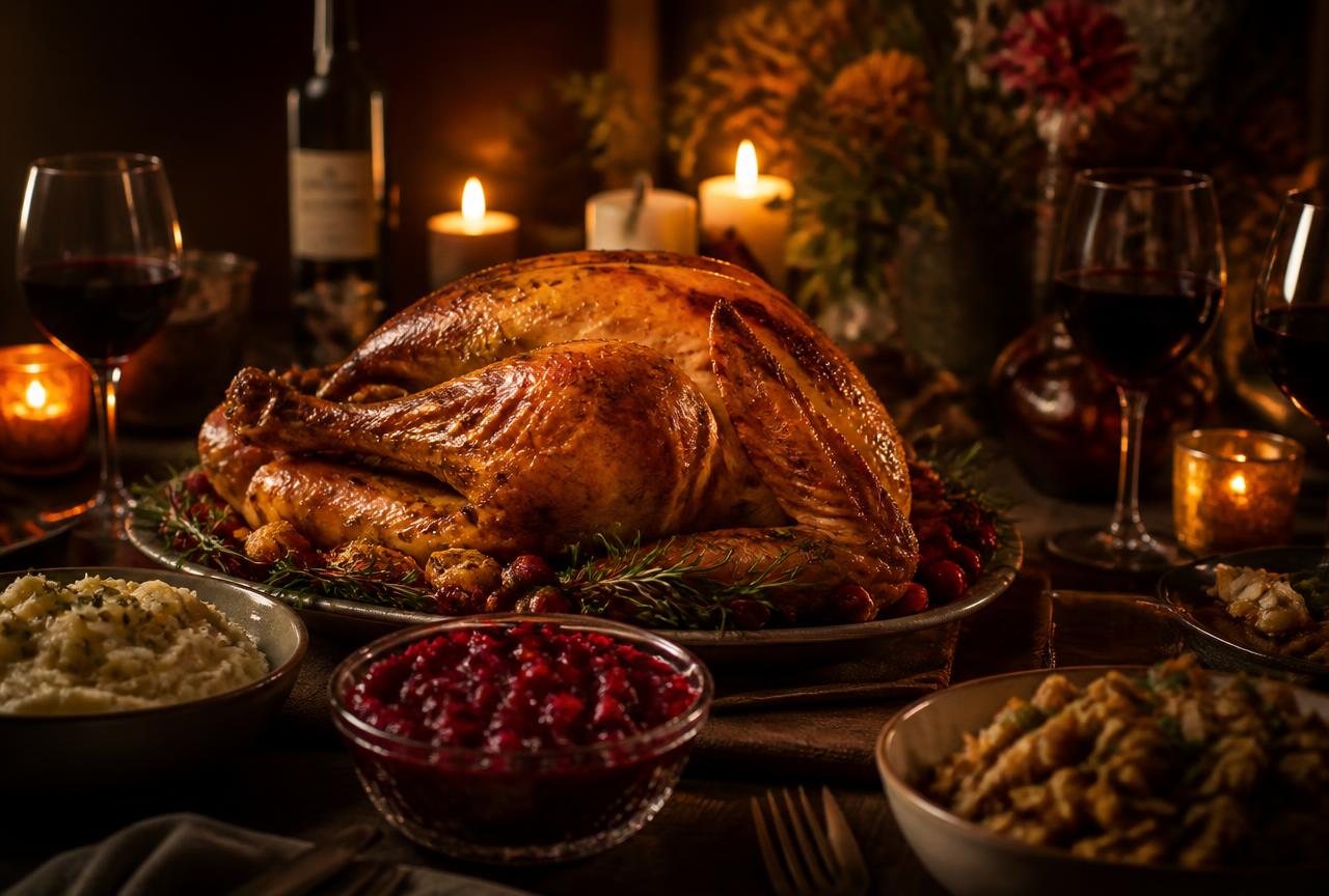 Roast Thanksgiving turkey on a candlelit table with cranberry sauce and red wine